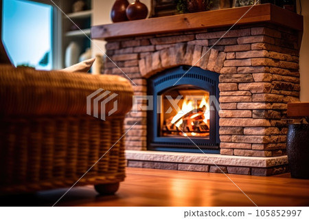 Spacious room and brick fireplace. Generative AI 105852997