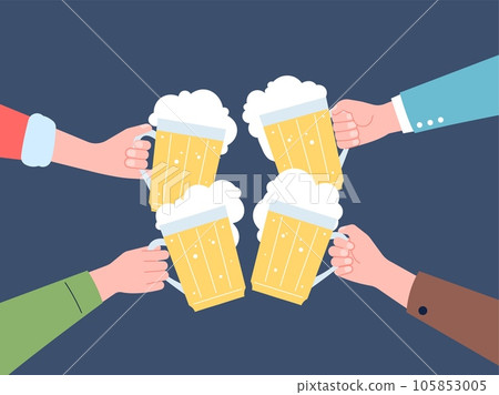 Hands cheers beer. Celebrating in bar, mates party or friday evening. Alcoholism concept. Flat friends fun in oktoberfest, toast recent vector scene 105853005