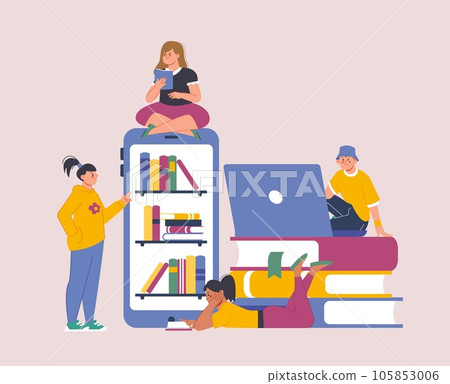 Literature research, digital library concept. Online books accessibility, young student reading book and choose new in laptop or phone, splendid vector scene 105853006