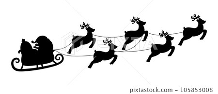 Black silhouette santa claus in trolley and deer. Christmas flying reindeer, xmas sticker graphic template for wall or glass, nowaday vector element 105853008