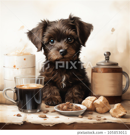 A cute puppy next to a cup of coffee, cookies and nuts, and another jar for cookies, and the second for bulk products A cute puppy next to a cup of coffee, cookies and nuts, and another jar for cookies, and the second for bulk products 105853011