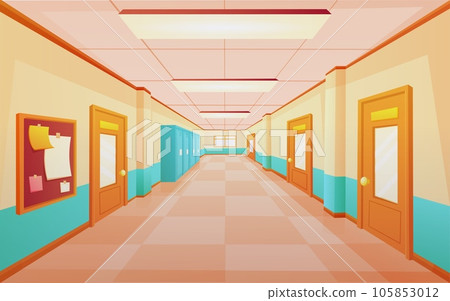 Cartoon school hallway, halls or corridor perspective graphic art. Inside college building, campus interior with doors and lockers, nowaday vector scene Cartoon school hallway, halls or corridor perspective graphic art. Inside college building, campus interior with doors and lockers, nowaday vector scene 105853012