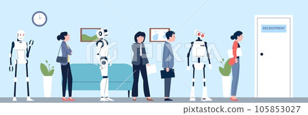 Robot and people waiting job interview in office. Robots vs human workers, digital technology progress. Competition with android recent vector concept 105853027