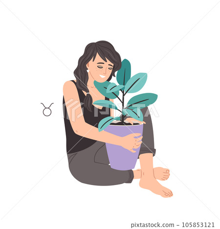 Zodiac sign Taurus, beautiful woman with Ficus houseplant, horoscope astrology symbol Zodiac sign Taurus, beautiful woman with Ficus houseplant, horoscope astrology symbol 105853121