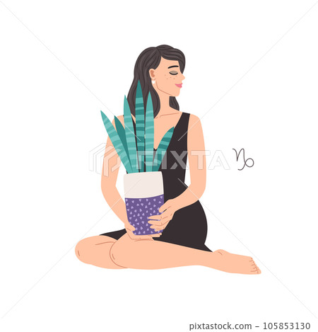 Zodiac sign Capricorn, beautiful woman with Sansevieria houseplant, horoscope astrology symbol Zodiac sign Capricorn, beautiful woman with Sansevieria houseplant, horoscope astrology symbol 105853130
