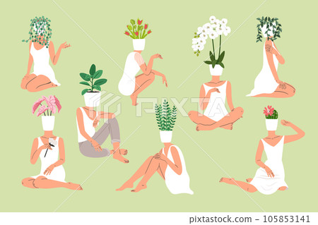 Women with Houseplants in flower pots instead of a head, garden hobby 105853141