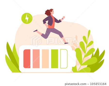 Vital energy charge. Active girl activate recharging vitality battery, healthy body level boost concept, tiredness woman business worker Vital energy charge. Active girl activate recharging vitality battery, healthy body level boost concept, tiredness woman business worker 105853164