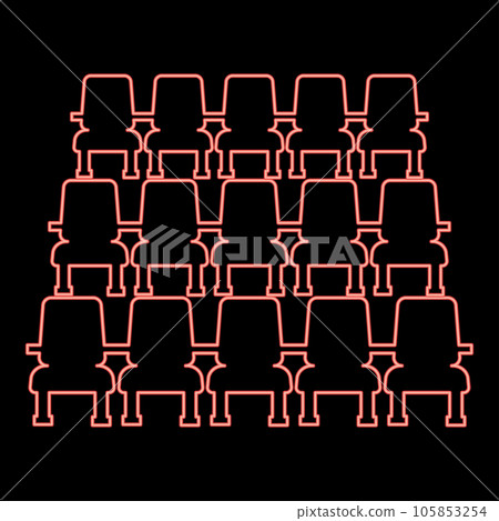Neon chairs in cinema armchairs theater hall seats entertainment performance red color vector illustration image flat style 105853254