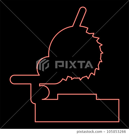 Neon miter saw bench steel cut off machine carpentry workshop concept red color vector illustration image flat style Neon miter saw bench steel cut off machine carpentry workshop concept red color vector illustration image flat style 105853266