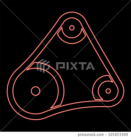Neon belt transmission mechanism with three pulleys drive part automobile tension rollers engine spare auto repair wheels with rubber tape V-belt Automotive concept red color vector illustration 105853309