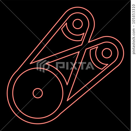 Neon belt transmission mechanism with three pulleys drive part automobile tension rollers engine spare auto repair wheels with rubber tape V-belt Automotive concept red color vector illustration Neon belt transmission mechanism with three pulleys drive part automobile tension rollers engine spare auto repair wheels with rubber tape V-belt Automotive concept red color vector illustration 105853310
