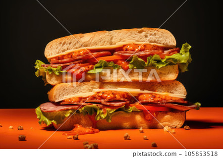 Sandwich with tasty ingredients of salami, tomato, lettuce and chess. Generative AI 105853518