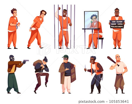 Cartoon criminal characters on outside and in prison. Robber, fraudster, dealer and hooligan, armed men, people in orange jumpsuits sitting in jail cage, law and punishment, tidy vector set Cartoon criminal characters on outside and in prison. Robber, fraudster, dealer and hooligan, armed men, people in orange jumpsuits sitting in jail cage, law and punishment, tidy vector set 105853641