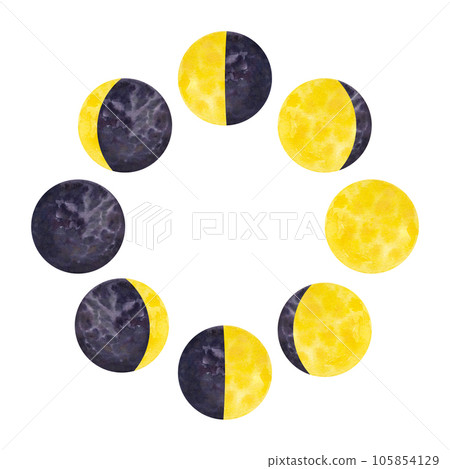 Yellow moon phases round. Galaxy cycle from new to full moon. With beautiful texture. Hand draw watercolor illustration isolated on white background. For design print, card, poster decor 105854129