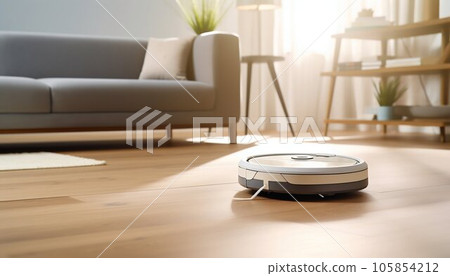 Smart Cleaning Robot Vacuum Cleaner on Laminate in the Living Room. Generative ai Smart Cleaning Robot Vacuum Cleaner on Laminate in the Living Room. Generative ai 105854212