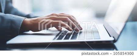 Business Woman's Hands Typing on Laptop Computer Keyboard. Generative ai Business Woman's Hands Typing on Laptop Computer Keyboard. Generative ai 105854300