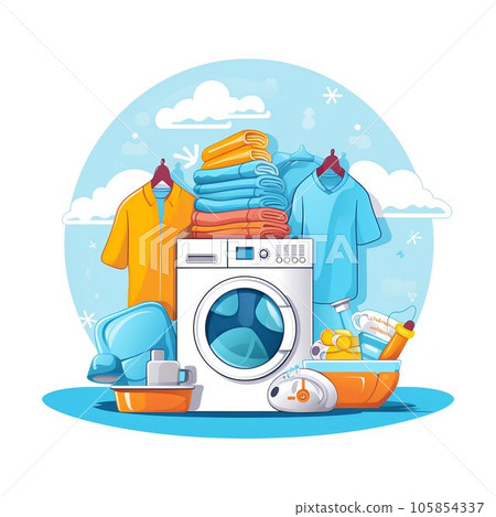 Washing machine and clothes. Laundry service concept isolated on white background Washing machine and clothes. Laundry service concept isolated on white background 105854337