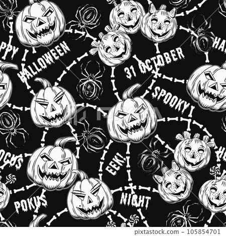 Seamless halloween pattern with happy funny pumpkin family, grunge spider silhouette, text, bones. Pumpkins head like human characters. For prints, clothing, t shirt, surface design. Vintage style 105854701
