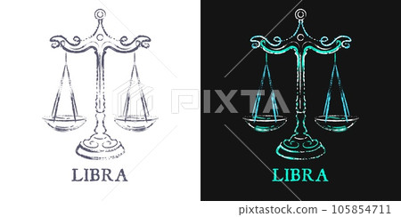 Neon outline silhouette of zodiac sign Libra. Paint brush strokes of fluorescent colors. Grunge style. Neon outline silhouette of zodiac sign Libra. Paint brush strokes of fluorescent colors. Grunge style. 105854711
