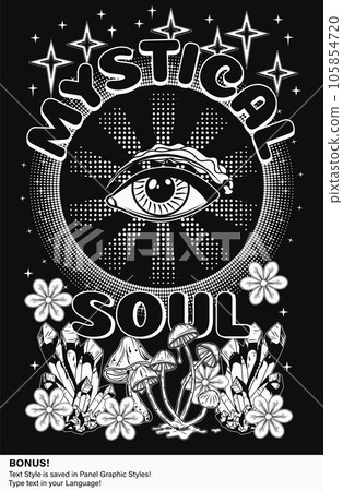 Poster with all seeing eye, mushrooms, stars, crystals of gemstones, flowers, editable text style. Concept of sacred spirit, magic, extended mind. Magic, mystical surreal illustration. Retro style Poster with all seeing eye, mushrooms, stars, crystals of gemstones, flowers, editable text style. Concept of sacred spirit, magic, extended mind. Magic, mystical surreal illustration. Retro style 105854720