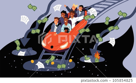 Scared people rushing in abyss on roller coaster. Financial crisis allegory. Economical collapse. Company bankruptcy. Businessmen falling into recession hole. Garish vector concept Scared people rushing in abyss on roller coaster. Financial crisis allegory. Economical collapse. Company bankruptcy. Businessmen falling into recession hole. Garish vector concept 105854825