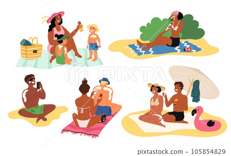 People protect skin from sun. Vacationers smear SPF cream. Oncological prevention. Ultraviolet irradiation. Sunbathing men or women at beach. Applying sunscreen lotion. Garish vector set 105854829
