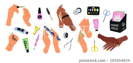 Manicured female hands and cosmetic tools. Skin care and nail decoration accessories. Girl applying cream and colored varnishes. Files and scissors. Skincare mask. Garish vector set 105854834