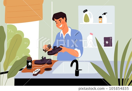 Man cleans his shoes with brush. Footwear polish and care process. Guy washed footgear into home sink. Bathroom interior. Male applies wax and cream at boots. Garish vector concept 105854835