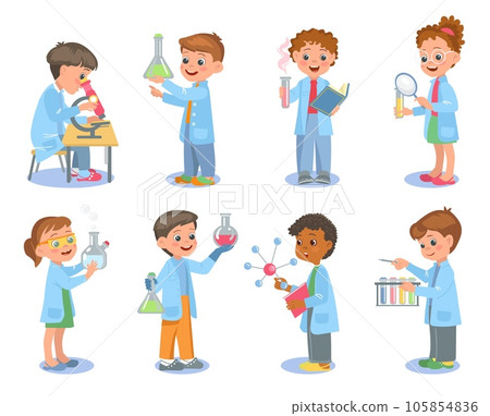 Little scientists. Kids in lab coats hold test tubes. Chemical flasks and beakers. Young chemists or biologists. Physicists scientific experiments. Laboratory research. Splendid vector set 105854836