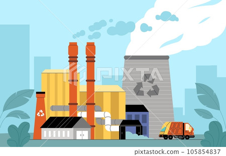 Incineration plant. Waste factory. Trash transportation and recycling. Garbage truck. Rubbish disposal. Smoke pipes. Nature pollution. Industrial production building. Vector concept 105854837