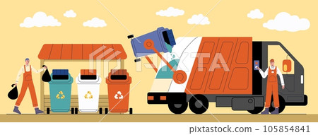 Garbage transportation. Shipment waste in truck. Workers in overalls. Professional scavengers. Trash containers for sorting and recycling. Litter loading into lorry. Vector concept 105854841