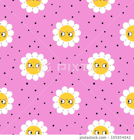 Funny daisy flowers seamless pattern. Cute chamomiles. Smiling faces. Repeated floral elements. Pink girly botanical theme. Blooming plants. Positive emotion. Garish vector background Funny daisy flowers seamless pattern. Cute chamomiles. Smiling faces. Repeated floral elements. Pink girly botanical theme. Blooming plants. Positive emotion. Garish vector background 105854842