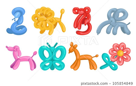 Color balloons in animals shape. Children inflatable toys. Air figures. Cartoon lion and snake. Helium inflated dog and elephant. Flower or monkey twisted forms. Splendid vector set Color balloons in animals shape. Children inflatable toys. Air figures. Cartoon lion and snake. Helium inflated dog and elephant. Flower or monkey twisted forms. Splendid vector set 105854849