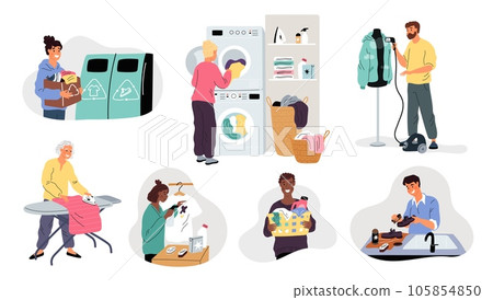 Clothing care. People wash footwear or garment. Laundry basket. Clean underwear. Iron jacket and shirts. Men and women repairing clothes. Recycling textile container. Garish vector set Clothing care. People wash footwear or garment. Laundry basket. Clean underwear. Iron jacket and shirts. Men and women repairing clothes. Recycling textile container. Garish vector set 105854850
