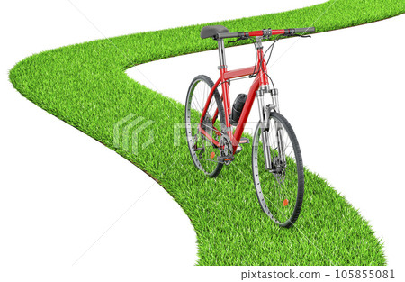 Bicycle on green grass way. Eco-friendly transport. 3D rendering Bicycle on green grass way. Eco-friendly transport. 3D rendering 105855081
