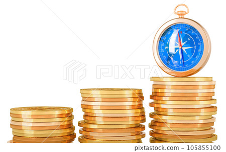Compass with stacks of growing gold coins. 3D rendering Compass with stacks of growing gold coins. 3D rendering 105855100