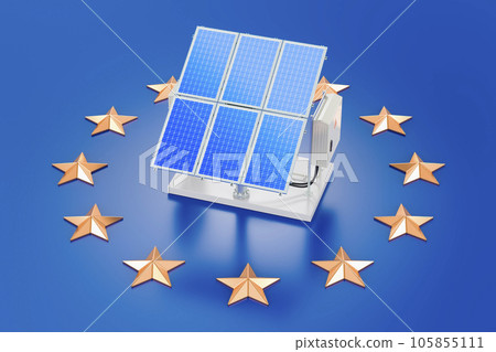 Solar panel on the European Union flag. Renewable energy and sustainable development in European Union, concept. 3D rendering 105855111