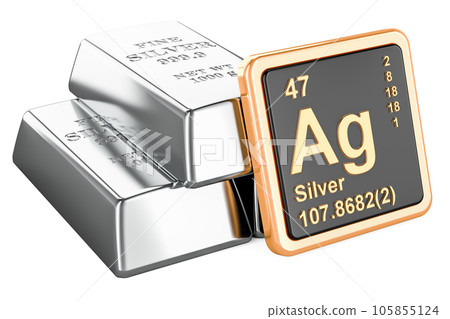 Silver bars with chemical element icon Argentum Ag, 3D rendering 105855124