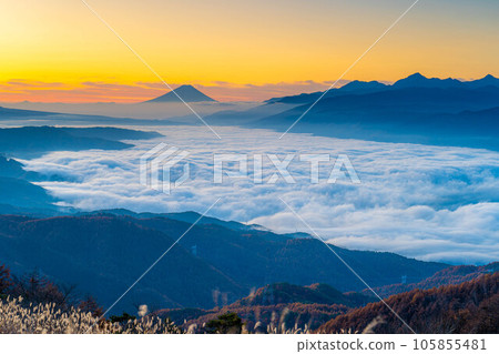 【富士山素材】黎明時分的富士山和秋天從高保地高原看到的諏訪湖雲海【長野縣】 【富士山素材】黎明時分的富士山和秋天從高保地高原看到的諏訪湖雲海【長野縣】 105855481