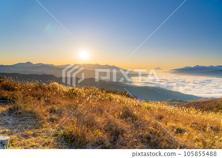 [Mt. Fuji material] Mt. Fuji at dawn and the sea of clouds of Lake Suwa seen from Takabocchi Highland in autumn [Nagano Prefecture] 105855488