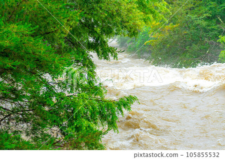 [自然災害] 大雨後渾濁的河流[長野縣] 105855532
