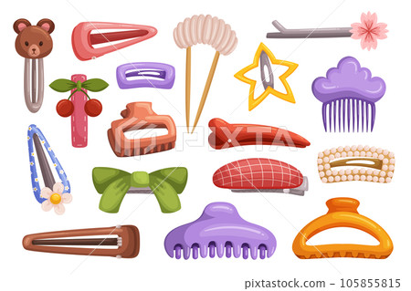 Hair Clips Isolated Set. Collection Of Functional Hairpins For Girls And Women, Perfect For Holding Hair In Place Hair Clips Isolated Set. Collection Of Functional Hairpins For Girls And Women, Perfect For Holding Hair In Place 105855815