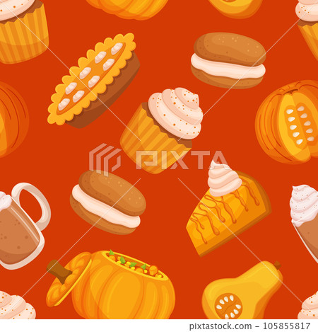 Delightful Seamless Pattern Featuring A Variety Of Pumpkin Meals, Perfect For Autumn-themed Decorations, Crafts 105855817