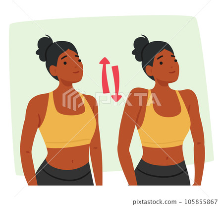 Woman Character Performing Neck And Shoulder Exercises, Stretching And Shrugging her Shoulders Up and Down 105855867