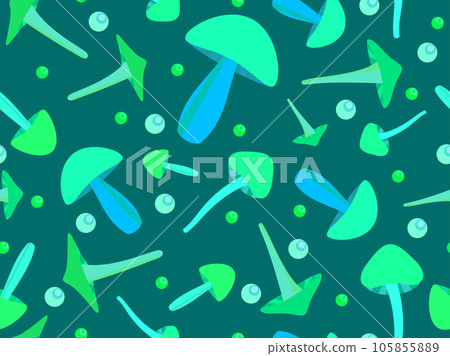 Seamless pattern with green bioluminescent mushrooms. Hallucinogen and psychedelic mushrooms. Fluorescent luminous mushrooms on a long stem. Design for banner and wallpaper. Vector illustration Seamless pattern with green bioluminescent mushrooms. Hallucinogen and psychedelic mushrooms. Fluorescent luminous mushrooms on a long stem. Design for banner and wallpaper. Vector illustration 105855889