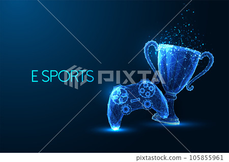 E sports, virtual gaming tournament futuristic concept with game controller and trophy cup 105855961