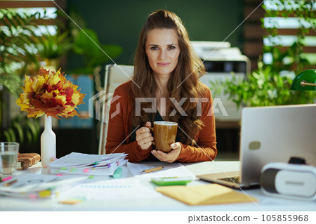 happy stylish business owner woman in green office happy stylish business owner woman in green office 105855968