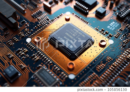 Close up of electronic circuit board, technology microchip and circuit, top view, CPU, AI generated. 105856130