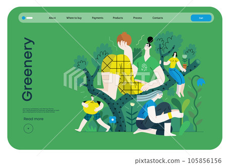 Greenery, ecology -modern flat vector concept illustration of people on a tree, surrounded by plants. Metaphor of environmental sustainability and protection, closeness to nature 105856156