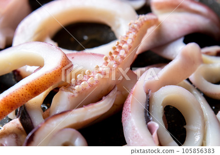 煎鍋裡煎魷魚(煮魷魚)的烹飪場景特寫。 煎鍋裡煎魷魚(煮魷魚)的烹飪場景特寫。 105856383